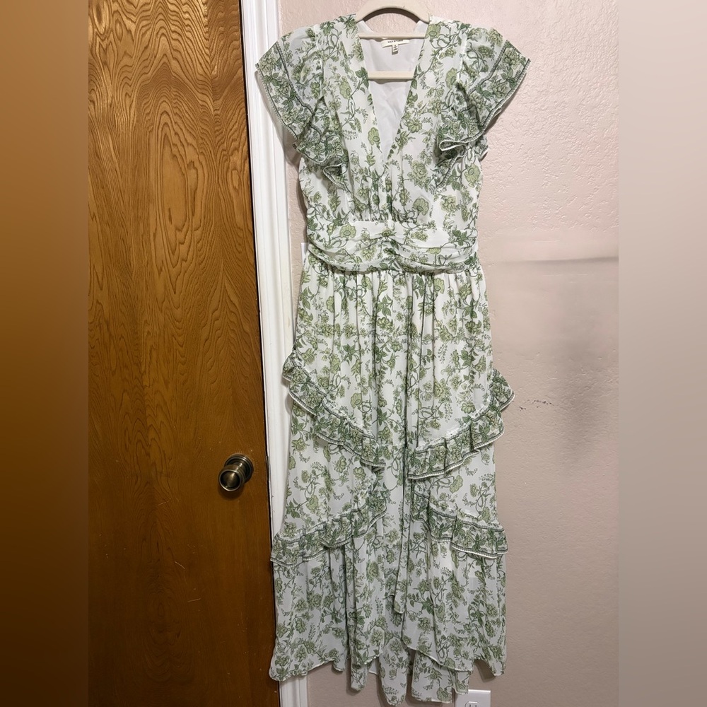 Max Studio green and white floral pattern high low long dress